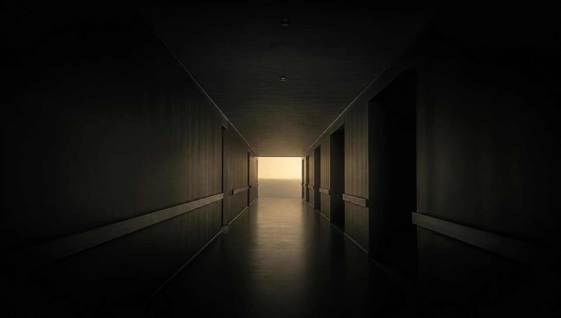 A dark care-facility corridor opening toward a distant horizon of light.